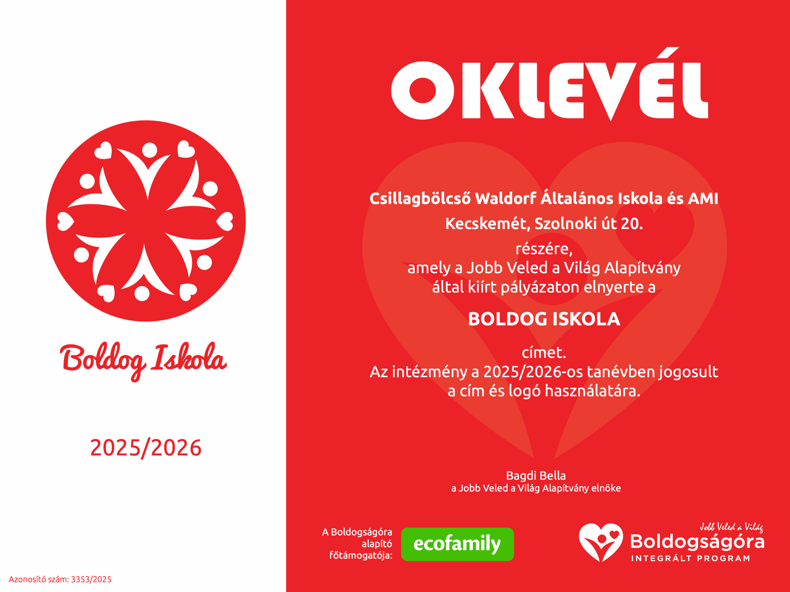 Boldog Iskola oklevél a Csillagbölcső Waldorf Iskola részére